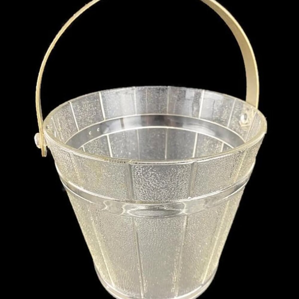Ice Bucket Glass w/Hammered Metal Handle Oak Barrel Pattern Mid-Century Mod